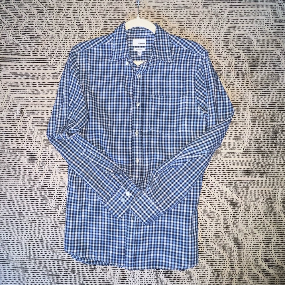 Sonoma Blue and White Plaid Men's Button-Down Shirt